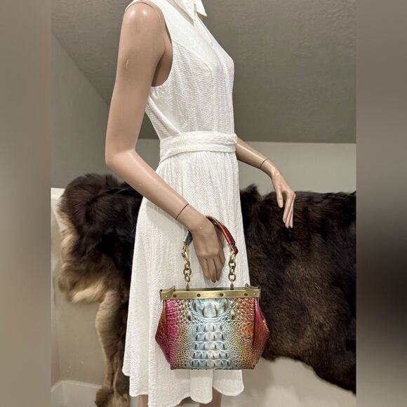 Unique Croc-embossed Cowhide Handmade Double Sides Push Lock Handbag & 2 Straps - Picture 4 of 16